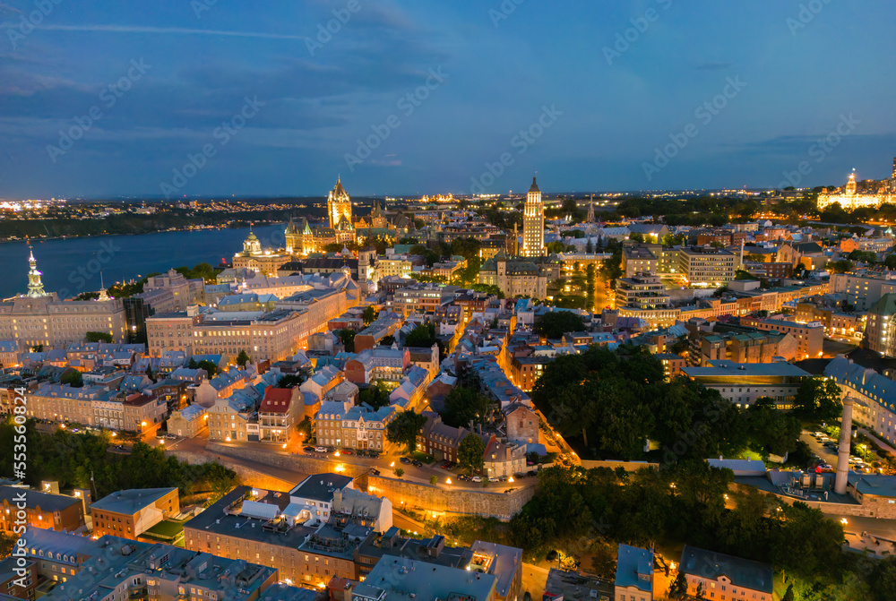 Aerial view of Quebec City port by night