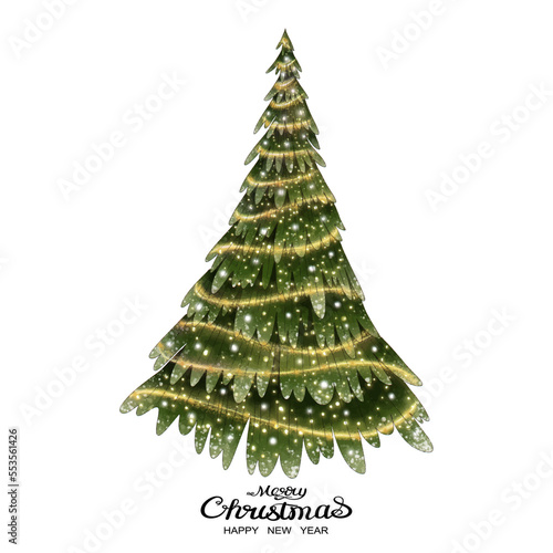 Watercolor Christmas tree with gold star and light bulb.illustration Merry Christmas and New Year with Xmas tree decoration for invitation or greeting card.