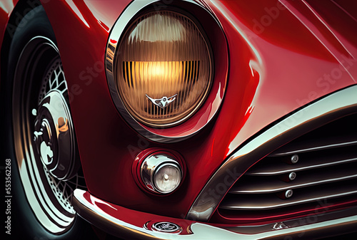A close up of an expensive red car's headlight at a showroom. Generative AI © 2rogan