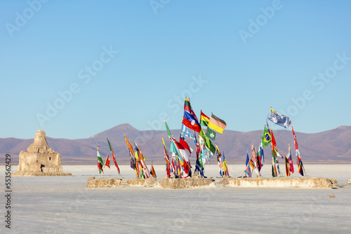 Flags of the world at the entrance of Salar de Uyuni; Potosi, Bolivia