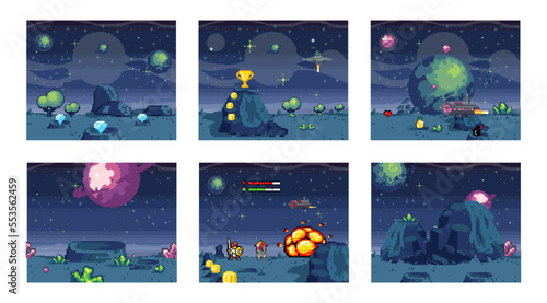 Cosmic scenes set in pixel art. Pixelated location for game or application. Background of space and spaceship. Fantastic landscape with planet, UFO and stars. 8 bit video game. Galactic videogame area