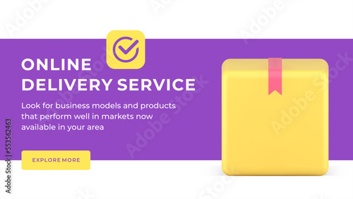 Online purchase parcel delivery service digital store logistic transportation social media banner 3d icon vector illustration. Postal cardboard box courier shipping internet order cargo distribution