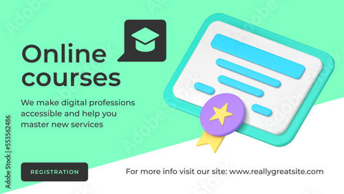 Online courses registration e learning distance education diploma certificate social media banner 3d icon vector illustration. Back to school marketing promo admission studying digital technology