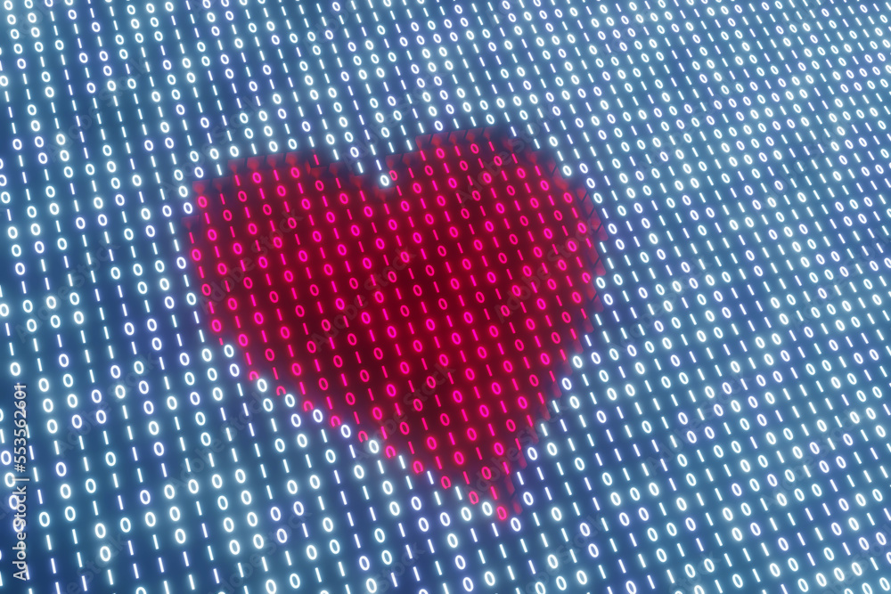Digital binary blocks form the shape of a red heart. Illustration of the concept of online dating app and romance scams and swindlers related to it Digital binary blocks form the shape of a red heart. Illustration of the concept of online dating app and romance scams and swindlers related to it