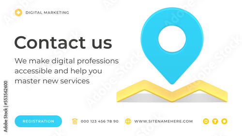 Contact us customer support digital service location address map pin social media banner 3d icon vector illustration. Hotline mail connection corporate network feedback help consulting information