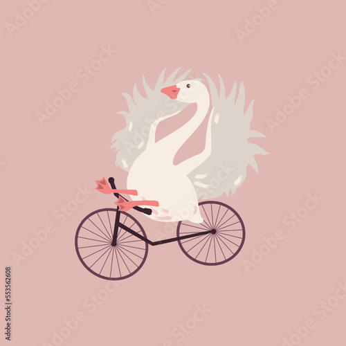 Funny goose ride bike wings up