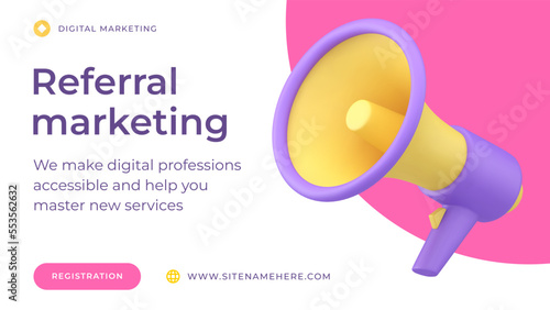 Referral marketing bullhorn public advertising promo recommendation social media banner 3d icon vector illustration. Management business SEO content technology program suggestion announcement