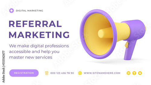 Recommendation public share service megaphone referral marketing social media banner 3d icon vector illustration. Internet promo announcement digital advertising bullhorn suggestion SEO technology