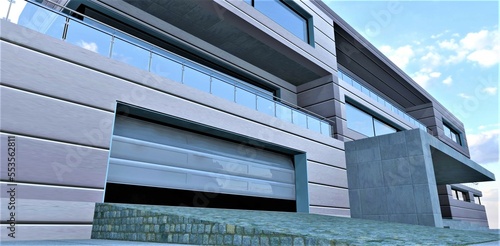 Lifting garage doors made of flexible metal. Horizontal facade panels as wall decoration of a modern country building. 3d rendering.