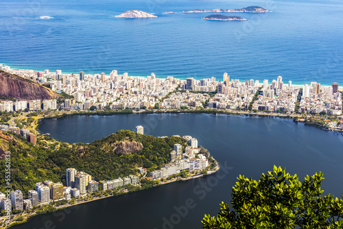 A view of the Rodrigo de Freitas Lagoon and coast of Rio de Janeiro, a UNESO world heritage site; Rio de Janeiro, Rio de Janeiro, Brazil photo