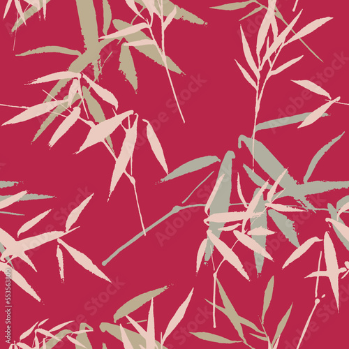 Abstract modern bamboo leaves seamless pattern on red