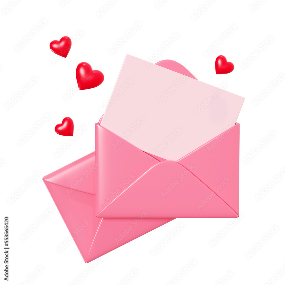 Love letter 3d render - pink envelope closed and open with paper card and red heart decoration. Romantic newsletter or message for romantic congratulation or Valentine day greeting isolated on white.