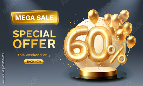 Special offer Sale 60 ballon, mega sale golden podium, black background. Vector