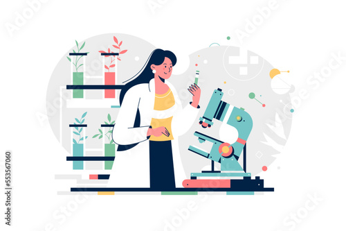 Laboratory worker with microscope. Vector scientist working. Chemist experience. New vaccine development. Researcher mixes reagents in glass test tubes
