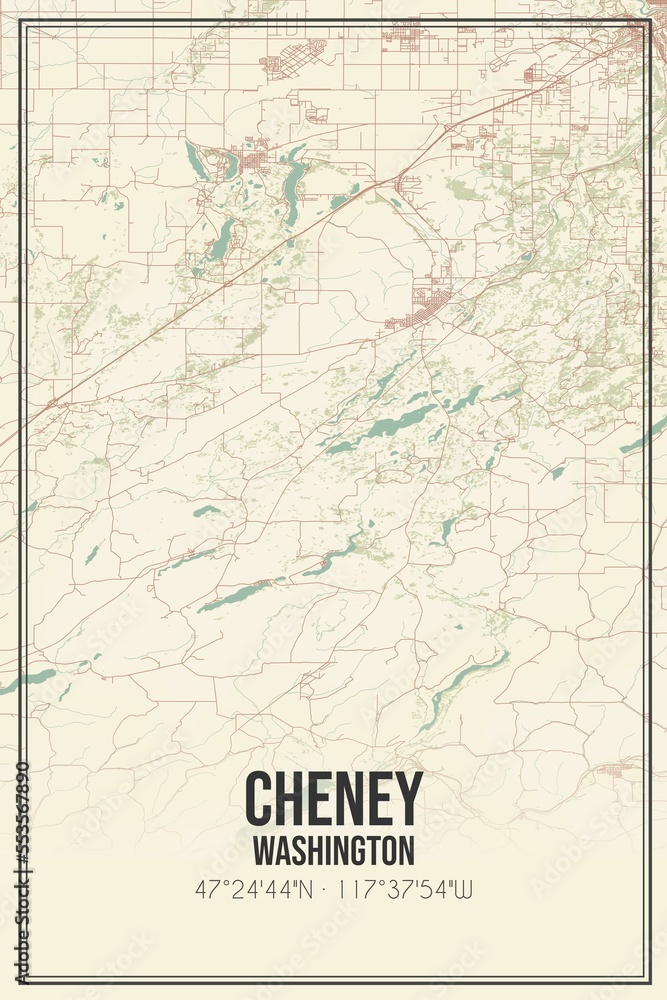 Retro US city map of Cheney, Washington. Vintage street map.