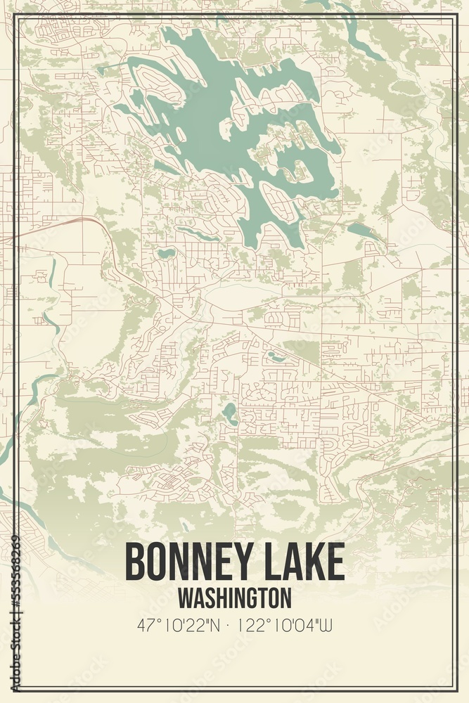 Obraz premium Retro US city map of Bonney Lake, Washington. Vintage street map.