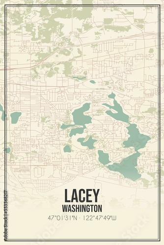 Retro US city map of Lacey, Washington. Vintage street map.