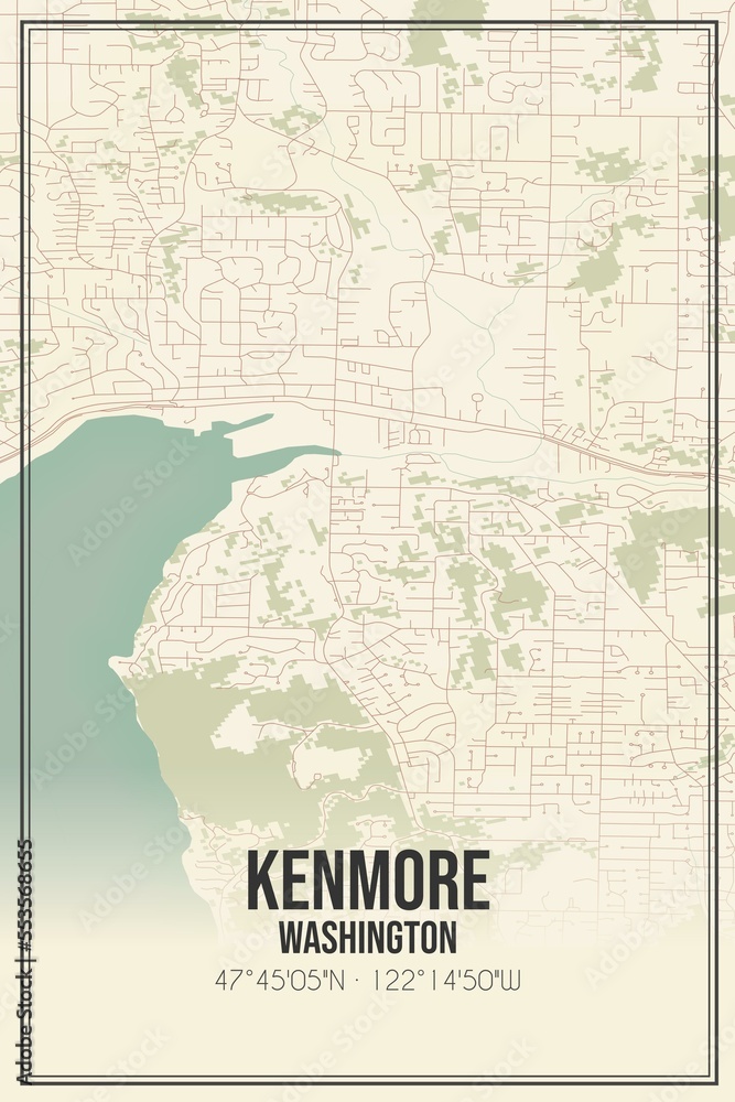 Retro US city map of Kenmore, Washington. Vintage street map.