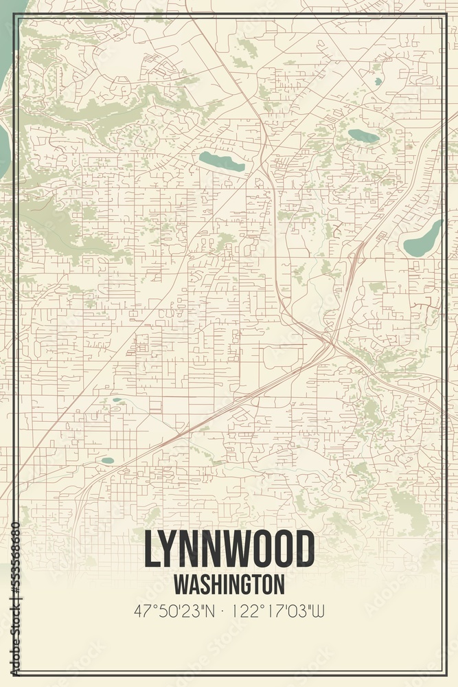 Retro US city map of Lynnwood, Washington. Vintage street map.