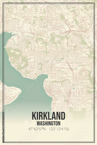 Retro US city map of Kirkland, Washington. Vintage street map. photo