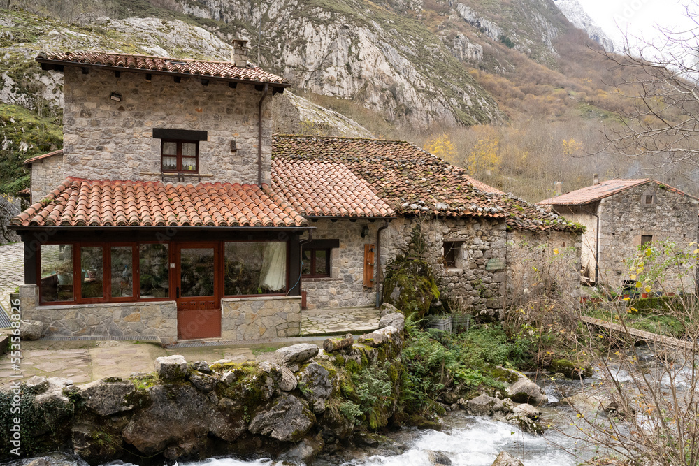 view of the small isolated rural village of Bulnes in Asturias, north Spain view of the small isolated rural village of Bulnes in Asturias, north Spain