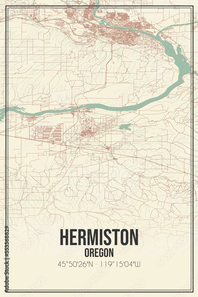 Retro US city map of Hermiston, Oregon. Vintage street map.