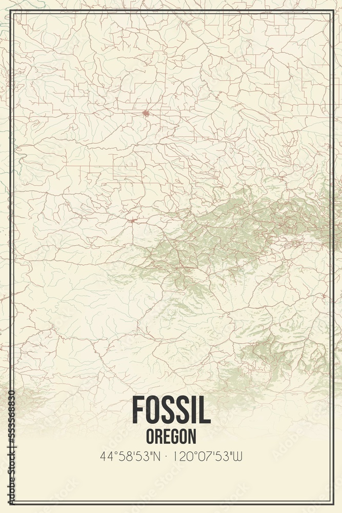 Retro US city map of Fossil, Oregon. Vintage street map.