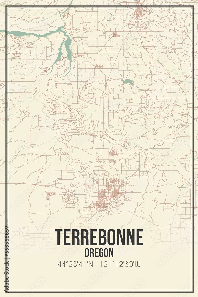 Retro US city map of Terrebonne, Oregon. Vintage street map.
