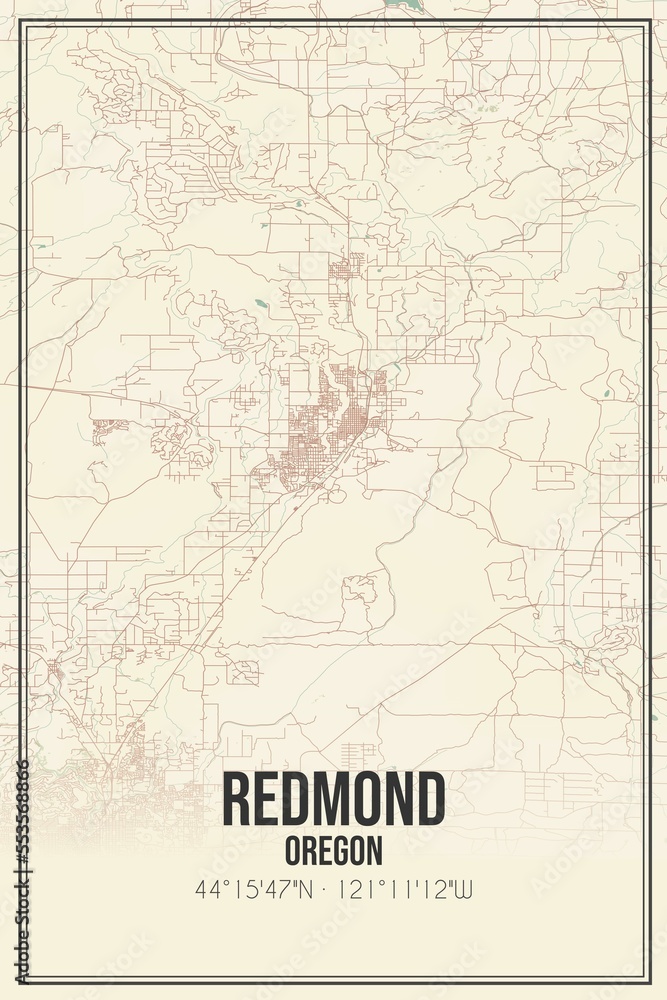 Retro US city map of Redmond, Oregon. Vintage street map.