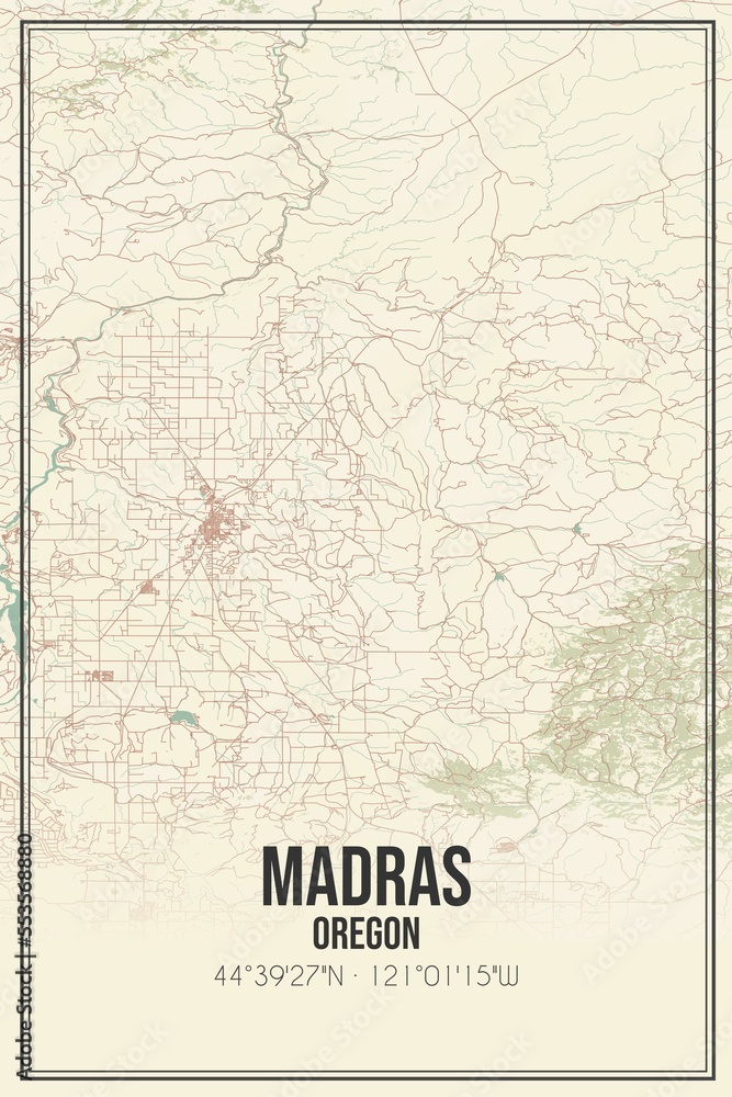 Retro US city map of Madras, Oregon. Vintage street map.