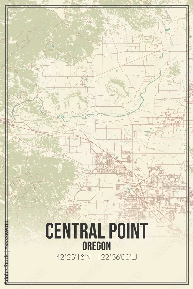 Retro US city map of Central Point, Oregon. Vintage street map.