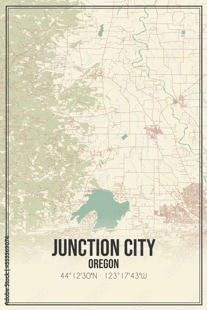 Retro US city map of Junction City, Oregon. Vintage street map.