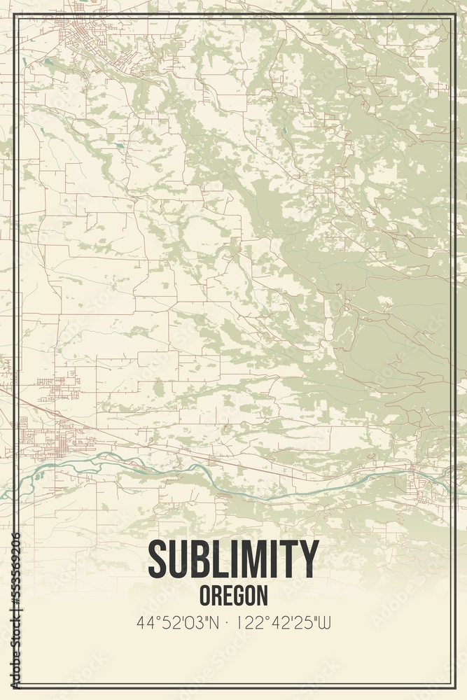 Fototapeta premium Retro US city map of Sublimity, Oregon. Vintage street map.