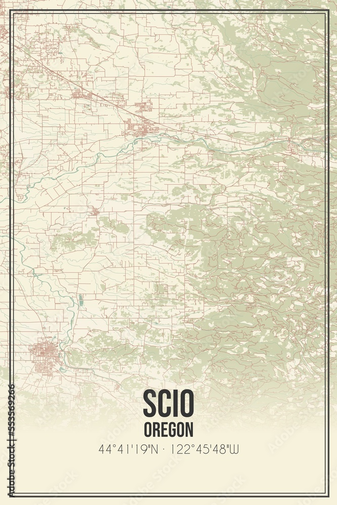 Retro US city map of Scio, Oregon. Vintage street map.