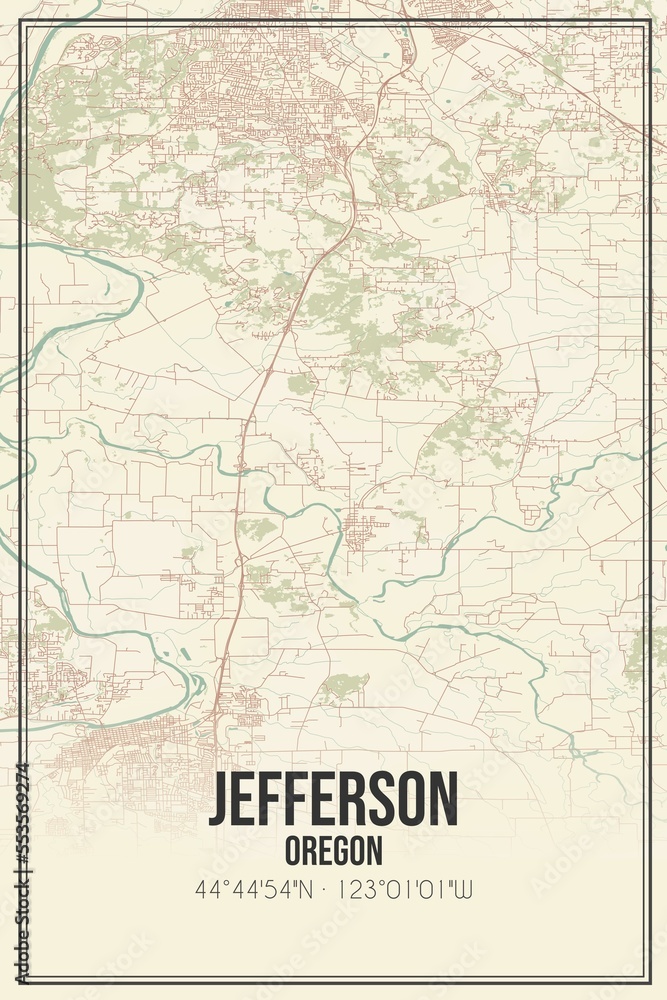 Retro US city map of Jefferson, Oregon. Vintage street map.
