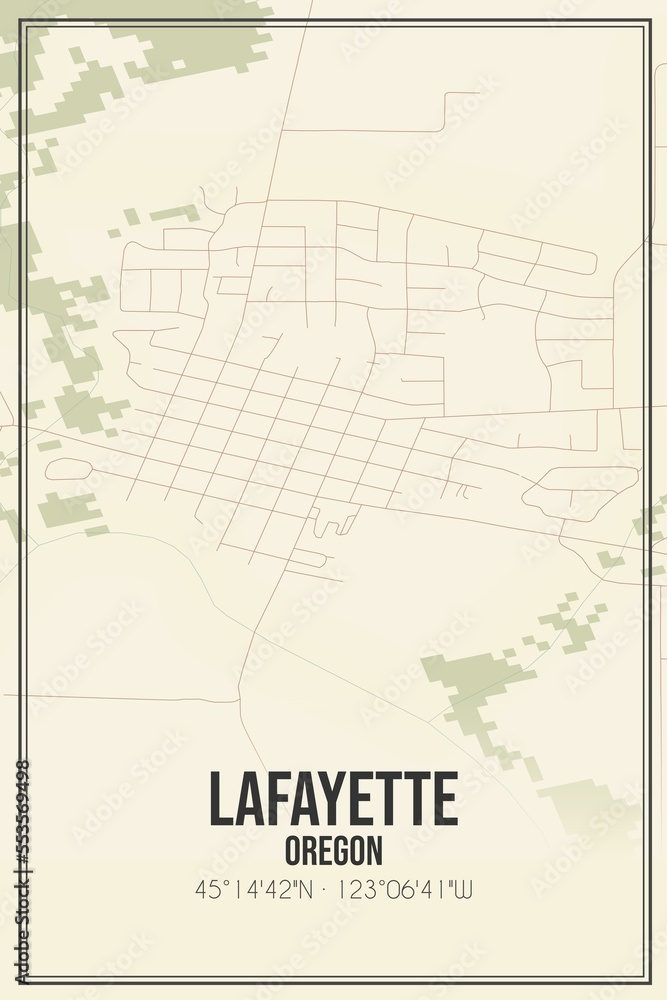 Retro US city map of Lafayette, Oregon. Vintage street map.