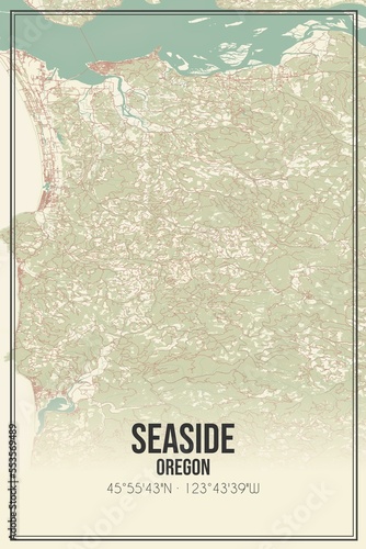 Retro US city map of Seaside, Oregon. Vintage street map. photo