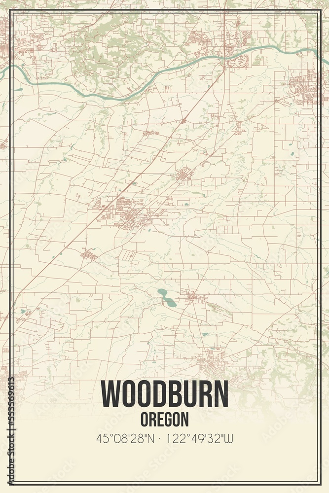Retro US city map of Woodburn, Oregon. Vintage street map.