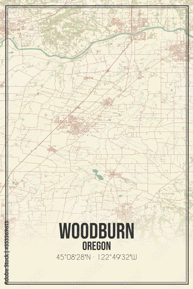 Fototapeta premium Retro US city map of Woodburn, Oregon. Vintage street map.