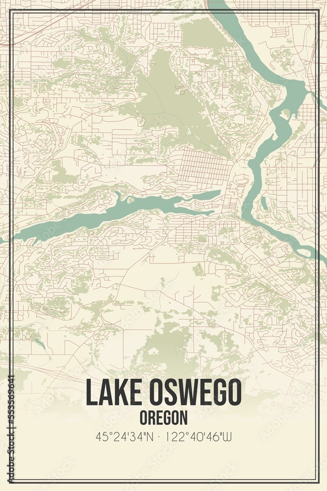 Retro US city map of Lake Oswego, Oregon. Vintage street map.