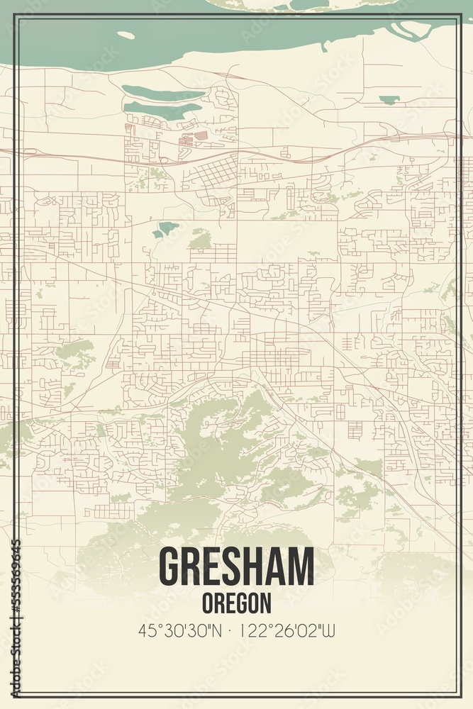 Retro US city map of Gresham, Oregon. Vintage street map.