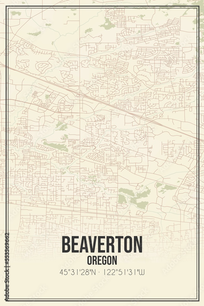 Retro US city map of Beaverton, Oregon. Vintage street map.