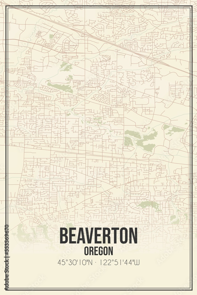 Retro US city map of Beaverton, Oregon. Vintage street map.
