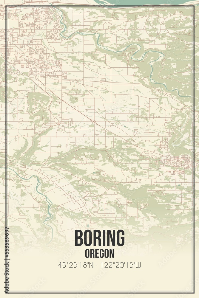 Retro US city map of Boring, Oregon. Vintage street map.