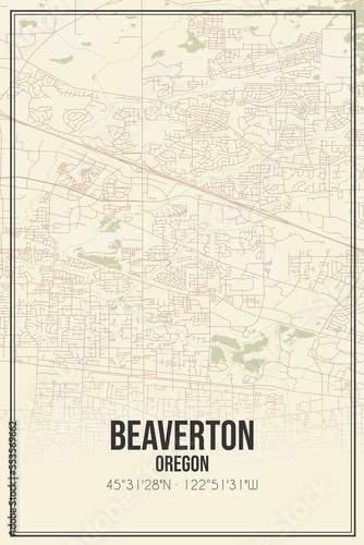 Retro US city map of Beaverton  Oregon. Vintage street map.