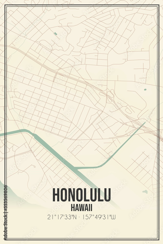 Retro US city map of Honolulu, Hawaii. Vintage street map.