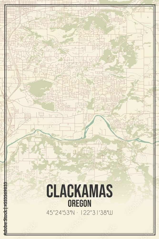 Retro US city map of Clackamas, Oregon. Vintage street map.