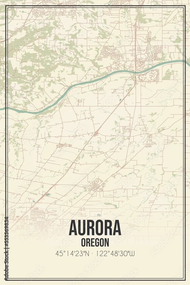 Retro US city map of Aurora, Oregon. Vintage street map.