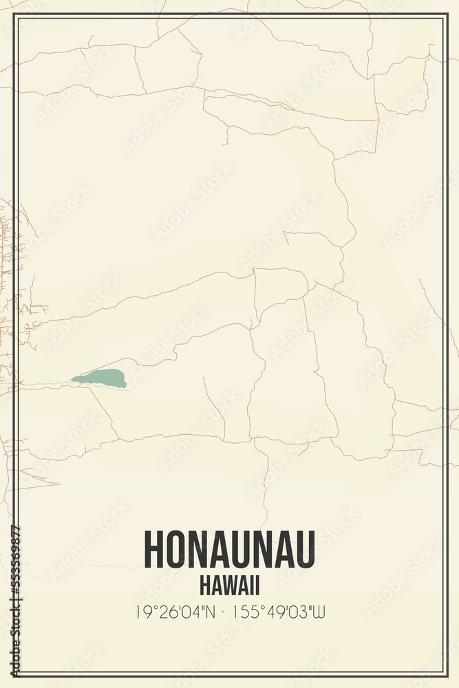 Retro US city map of Honaunau, Hawaii. Vintage street map.