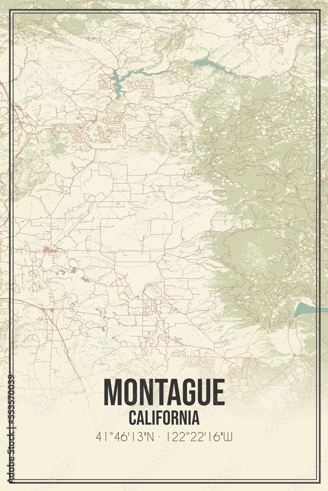 Retro US city map of Montague, California. Vintage street map.